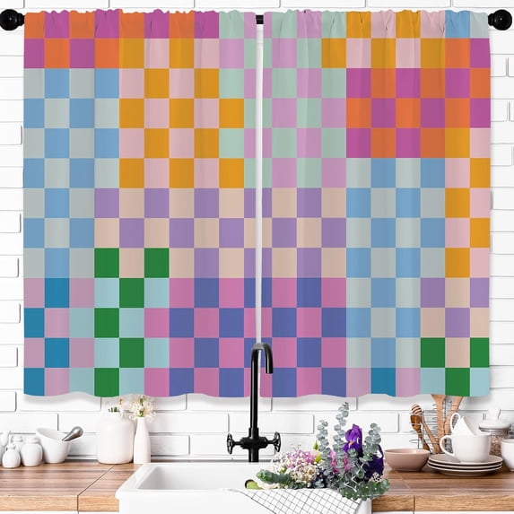 Colorful Plaid Checkered Kitchen Curtains Retro Funky Hippie Bathroom Curtains Window Treatment Drapes 70s Multicolored Cafe Small Modern Bedroom Short Curtains Fabric 2 Panels 27.5x36 Inch