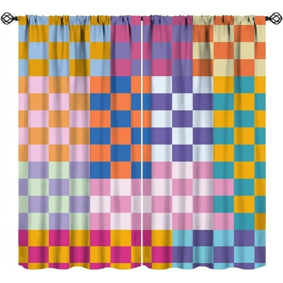 Colorful Plaid Curtains, Abstract Modern Rainbow Retro Groovy Curtain 1970s Checkered Geometric Print Window Drapes for Kids Bedroom Living Room 55x63in