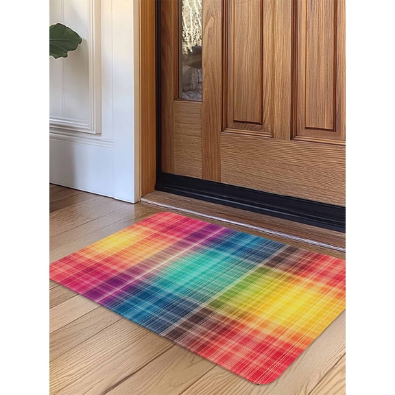 Colorful Plaid Door Mat Indoor Outdoor Entrance, Non Slip Rug for Kitchen Bathroom Entryway Rug, Modern Chic Rainbow Gradient Striped Washable Doormat Floor Mat for Office Home Decor 24x36 Inch