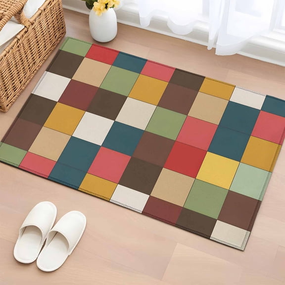 Colorful Plaid Entryway Rug 2'x3' Non Slip Front Door Mats, Farmhouse Vintage Color Block Lattice Entrance Rugs Indoor Outdoor Carpet, Washable Floor Mats Small Area Rug for Bedroom Kitchen