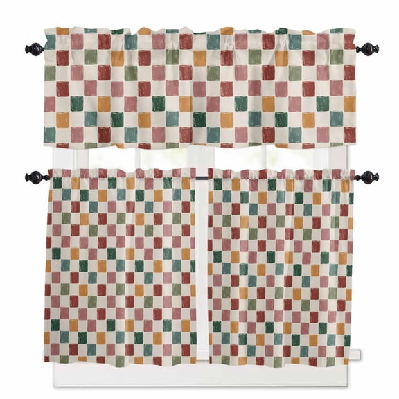 Colorful Plaid Kitchen Curtains Valance and Tier Set Retro Pink Green Yellow Red Plaid Linen Texture Rod Pocket Short Curtains for Small Window 3 Pieces Set for Bedroom Cafe (54" x 18"+27" x 36")