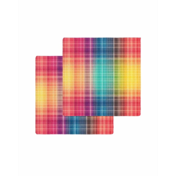 Colorful Plaid Kitchen Dish Towels for Drying Dishes Set of 2, Modern Chic Rainbow Gradient Striped Waffle Weave Microfiber Terry Hand Tea Bathroom Towels Quick Dry & Absorbent Towel 12x12