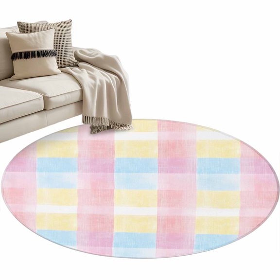 Colorful Plaid Large Area Rugs for Bedroom Living Room, Soft Non Slip Carpet Bedside Rug, Modern Pink Blue Yellow Stripes Checked Round Floor Cover Kitchen Accent Rug 4' for Dining Room/Office