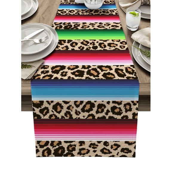 Colorful Plaid Leopard Print Table Runner 36 Inches, Brown Animal Texture Bed Runner Dresser Scarves Tabletop for Indoor Outdoor Parties/Ceremony/Banquet, 13"x 36"