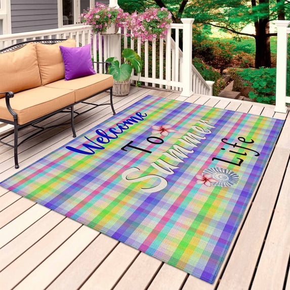 Colorful Plaid Outdoor Rug for Patio/Deck/Porch, Non-Slip Large Area Rug 4 x 6 Ft, Floral Farmhouse Shell English Text Indoor Outdoor Rugs Washable Area Rugs, Reversible Camping Rug Carpet Runner