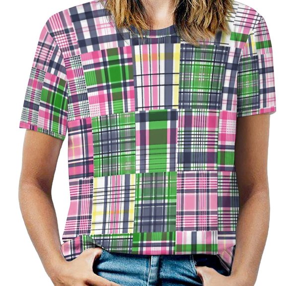 Colorful Plaid Patchwork Womens Tops Women's Fashion Casual Short Sleeve Flower Print Round Neck Pullover Top Blouse
