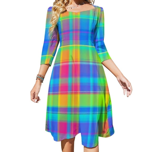 Colorful Plaid Pattern-1 Womens Summer Dress Tie Back A Line Flare Dress