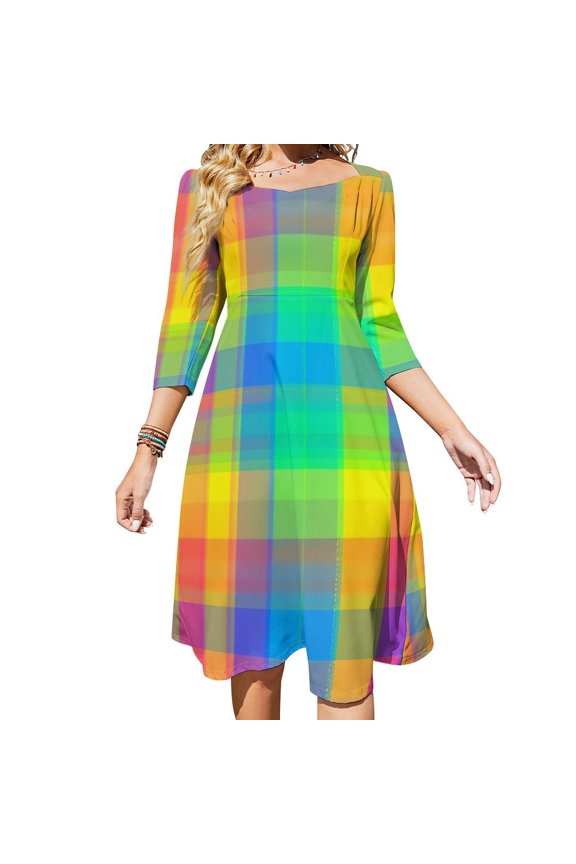 Colorful Plaid Pattern-2 Women's 3/4 Sleeve Dresses Elegant A-Line Midi Dress Flare Summer Casual Sundress
