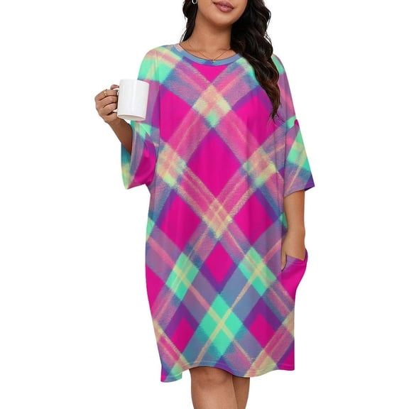 Colorful Plaid Pattern Sleepshirts For Sleeping Travels Loose Sleepdress Pajama Dress Soft Nightdress Sleepwear