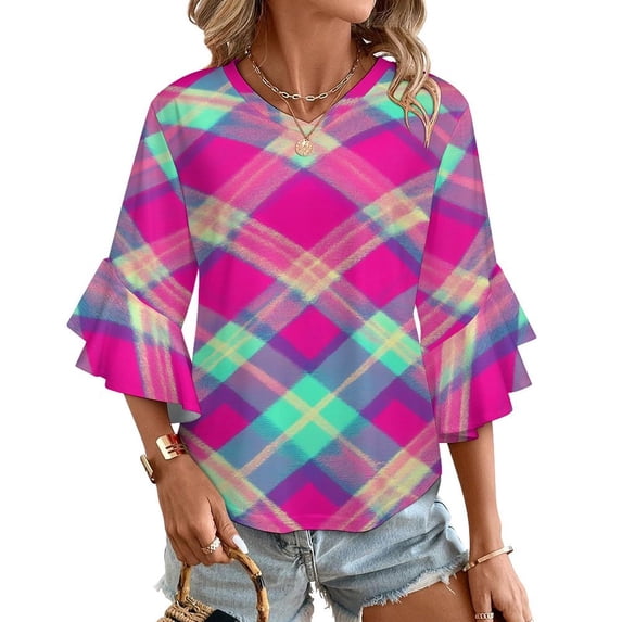Colorful Plaid Pattern Women's V-Neck Blouse With 3/4 Ruffled Bell Sleeves Casual Top Ladies Blouses