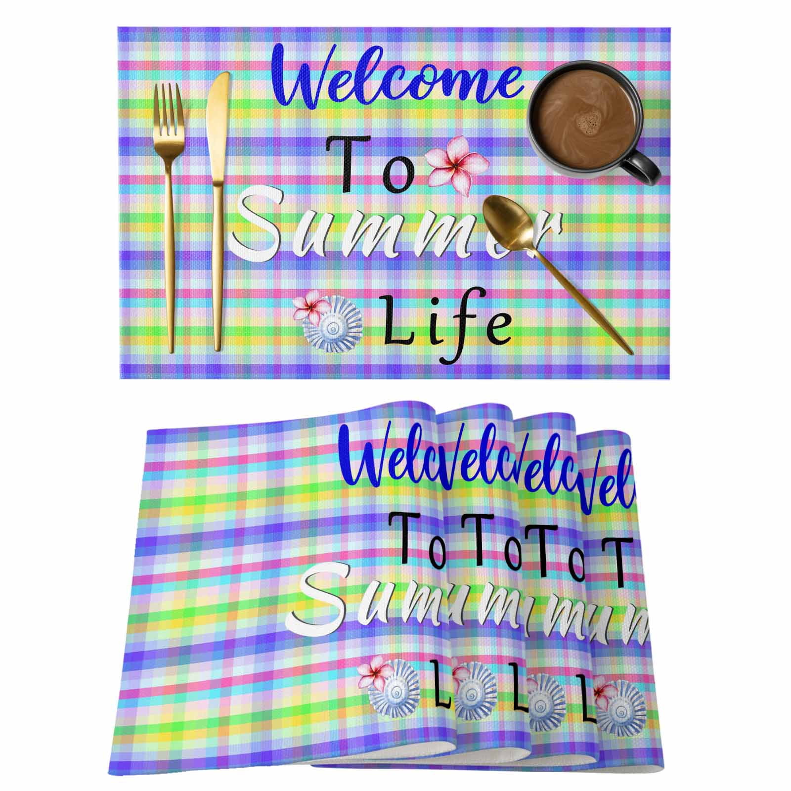 Colorful Plaid Placemats Set of 12 Summer Flowers Shell Country Place ...