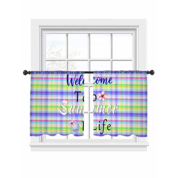 Colorful Plaid Sheer Curtains 2 Panels Set Pink Flower Welcome to ...