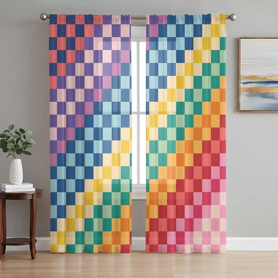 Colorful Plaid Sheer Curtains 84 Inch Length 2 Panels Set, Farmhouse Checkered Modern Abstract Art Voile Window Treatment Rod Pocket Curtains Sheers Drapes for Bedroom/Living Room/Kitchen 52"x84"x2