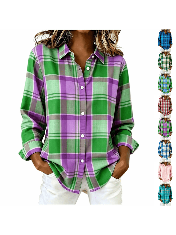 Colorful Plaid Shirts Women Classic Lightweight Flannel Shacket Shirt Long Sleeve Button-Up Blouses Fall Fashion Jackets Western Cowgirl Green 3XL