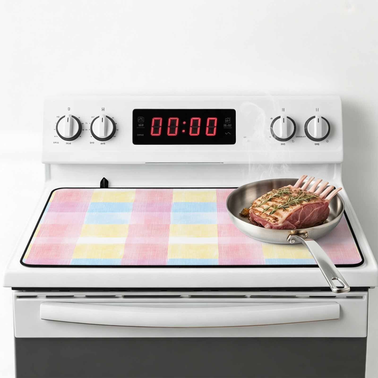 Colorful Plaid Stove Top Cover for Electric Stove, Heat-proof & Non Slip Glass Top Stove Cover Protector, Modern Pink Blue Yellow Stripes Checked Kitchen Flat Cooktop Rubber Mat 24x21 Inches