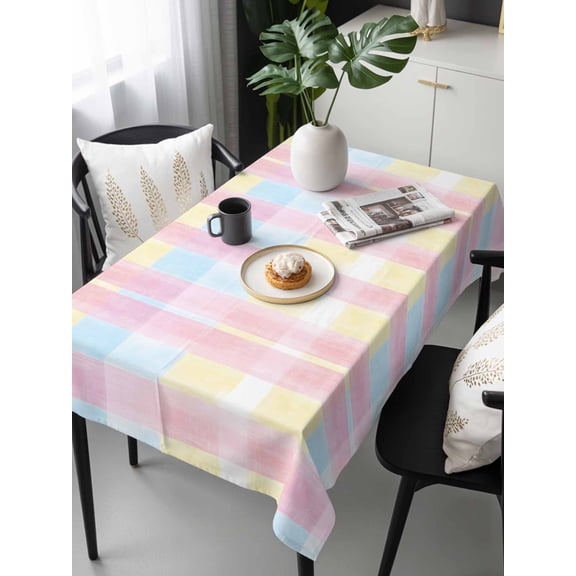Colorful Plaid Tablecloth Rectangle Table Cloths 54x108, Waterproof Tablecloth Outdoor Table Cloth, Modern Pink Blue Yellow Stripes Checked Washable Table Cover for Kitchen Dinning Party