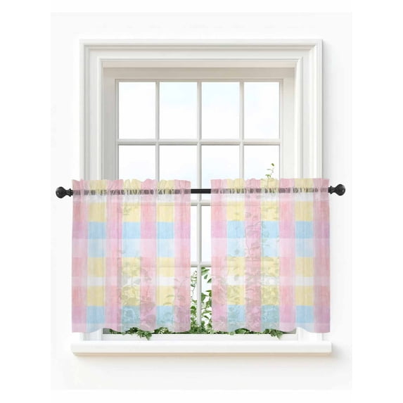 Colorful Plaid Tier Curtains 24 Inch Length,Sheer Curtains for Bedroom Living Room Window Modern Pink Blue Yellow Stripes Checked Small Half Window Kitchen Curtains & Drapes 27.5"x24" 2 Panels
