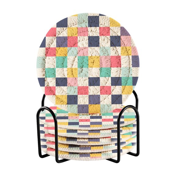 Colorful Plaids Checkerboard Drinking Coasters Cup Mat with Holder for Kitchen Cafe Bar 6 Packs