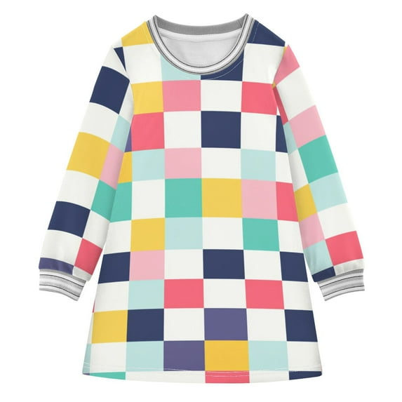 Colorful Plaids Checkerboard Long-sleeved Dress A-line One-Piece Dress ...