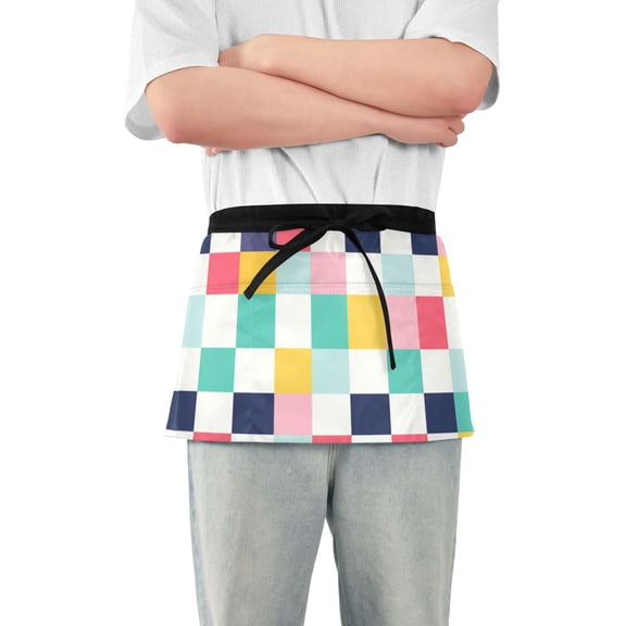 Colorful Plaids Checkerboard Short Server Apron with 3 Pockets for Unisex Chef Gardening