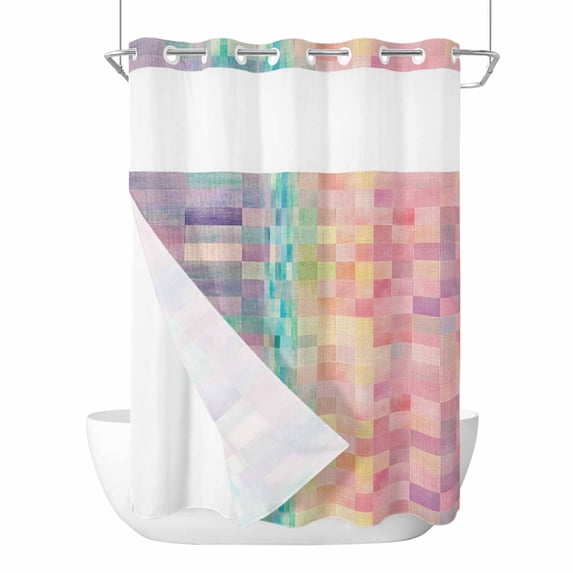 Colorful Plaids No Hooks Shower Curtain with Snap-in Liner Rainbow Shower Curtains for Bathroom, Waterproof, Easy Install, Washable 72"x96"