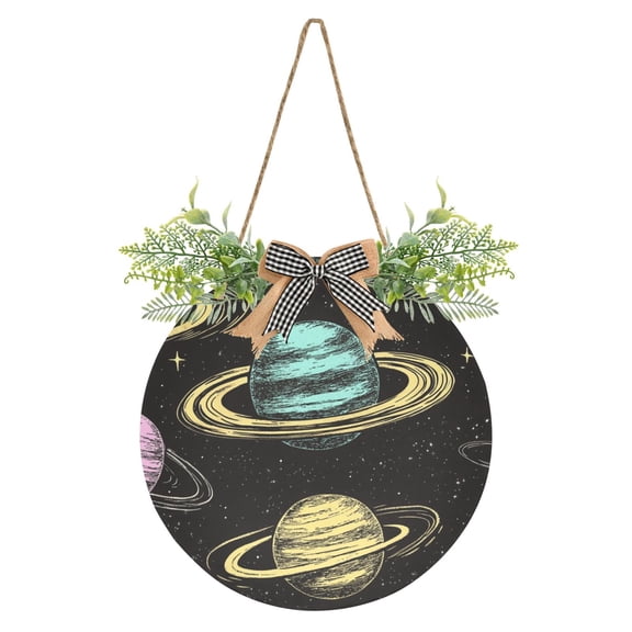 Colorful Planets Front Door Porch Decoration Hanging Sign with Artificial Green Plants and Bow for Home Outdoor Indoor