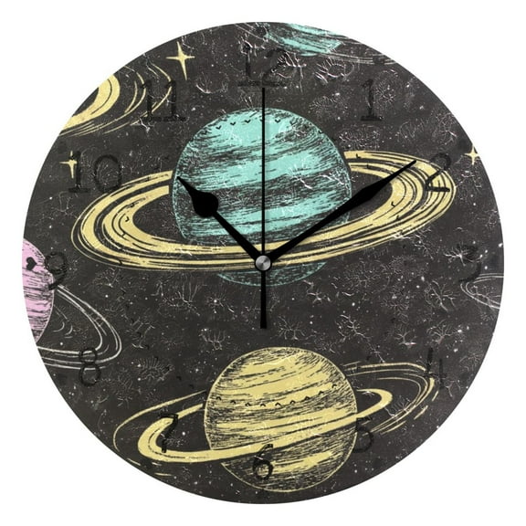 Colorful Planets Round Wall Clock Silent Battery Operated Home Decor for Living Room Bedroom