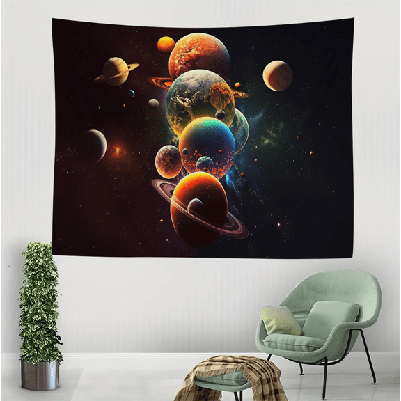 Colorful Planets Tapestry - Surreal Cosmic Art with Rings & Nebula - Sci-Fi Space Wall Decor for Bedroom & Game Room - Polyester Fabric