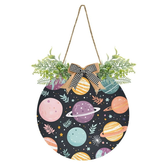Colorful Planets in Space Front Door Porch Decoration Hanging Sign with Artificial Green Plants and Bow for Home Outdoor Indoor