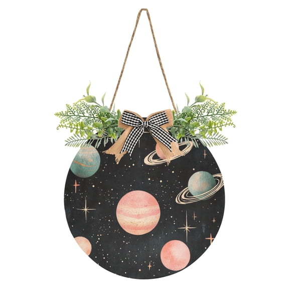Colorful Planets on Dark Front Door Porch Decoration Hanging Sign with Artificial Green Plants and Bow for Home Outdoor Indoor