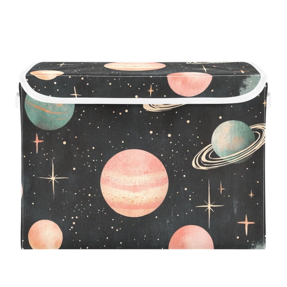 Colorful Planets on Dark Large Storage Bins with Linen Collapsible Lid Storage Box 16.7 x 12.6 x 11.8in