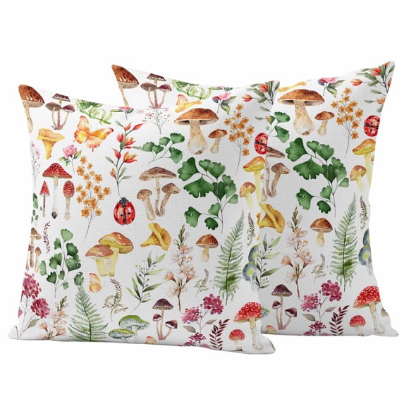Colorful Plants Pillow Covers 2 Pack Spring Watercolor Red Yellow Green Mushroom Herb Fern Plant Pillowcase Waterproof Outdoor Throw Pillow Cover for Patio Garden Square Cushion 24”x24”
