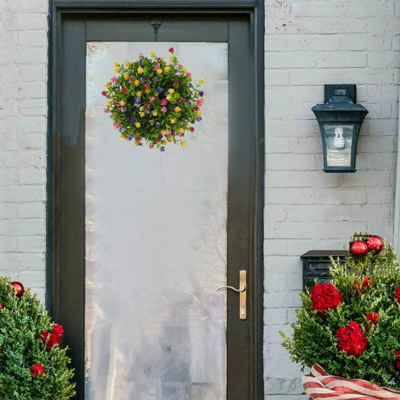 Colorful Plastic Leaf Wreath for Front Door | Spring and Summer Decoration | 33cm Yellow Buttercup Floral Gate Pendant | 1 Piece