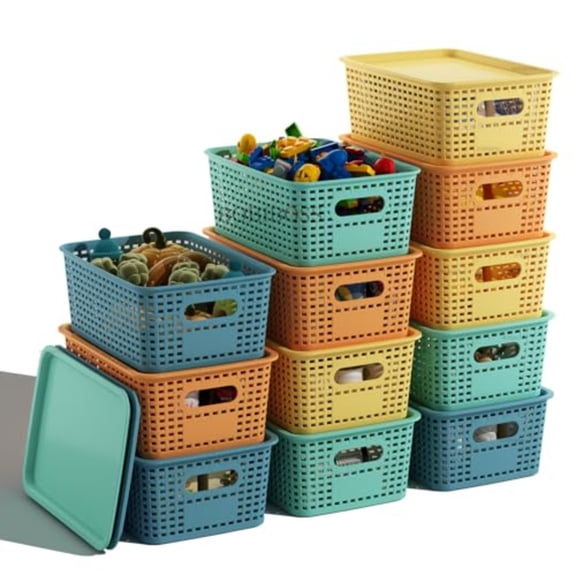 Colorful Plastic Storage Baskets with Lids 12 Pack Stackable Storage Bins Containers for Shelves Organizing Colored Cute Decorative Storage Boxes for Classroom Playroom Closet Pantry