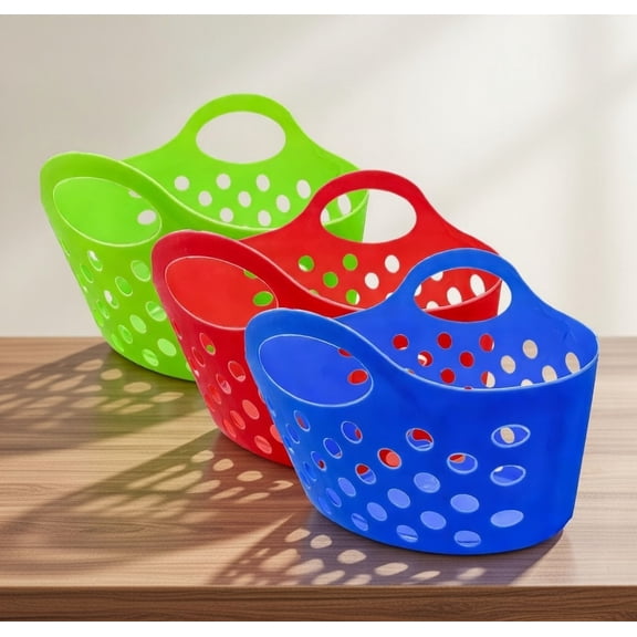 Colorful Plastic Storage Baskets with Handles, Set of 3 - Green, Red, Blue Open Weave Design for Home Organization