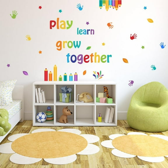 Colorful Playroom Wall Stickers Inspirational Quotes Stickers Play Learn Grow Together Classroom Positive Saying Decor