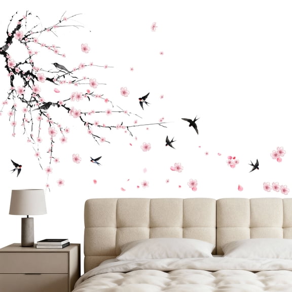 Colorful Plum Blossom Branch With Birds Wall Sticker Set, Living Room Tv Background Wall Decal, 1-Pack Art Decor Sticker For Home Office Decoration