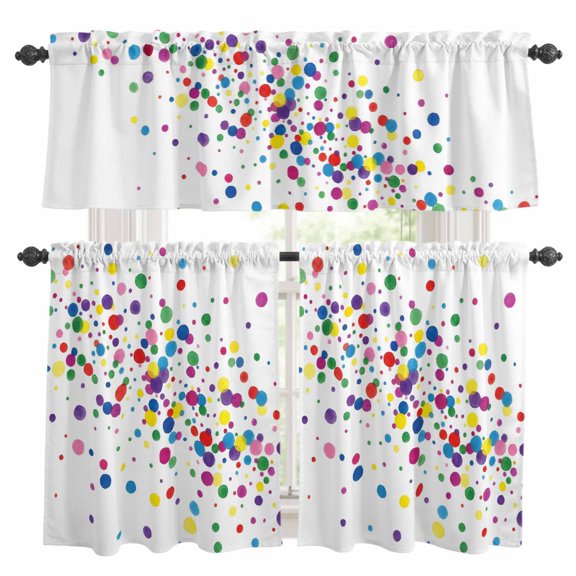 Colorful Point Kitchen Curtains Valances and Tiers Set of 3 Cute Watercolor Red Green Yellow Blue Polka Dots Tier Curtains and Valance with Rod Pocket for Small Windows, 27.5"x24"