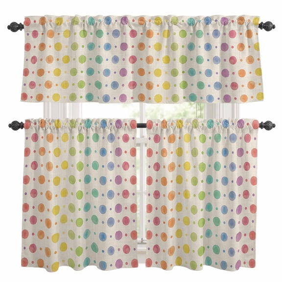 Colorful Point Kitchen Curtains Valances and Tiers Set of 3 Cute Watercolor Red Green Yellow Orange Blue Polka Dots Tier Curtains and Valance with Rod Pocket for Small Windows, 27.5"x24"