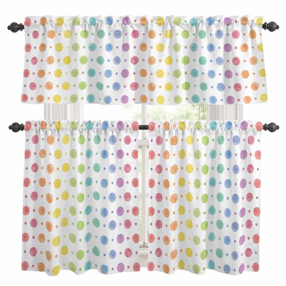 Colorful Point Kitchen Curtains Valances and Tiers Set of 3 Cute Watercolor Red Yellow Orange Blue Polka Dots Tier Curtains and Valance with Rod Pocket for Small Windows, 27.5"x24"