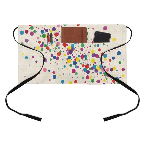 Colorful Point Kitchen Restaurant Half Waist Apron, Cute Watercolor Red Green Yellow Blue Polka Dots Linen Server Short Apron with 3 Pockets Waterproof Oil Waist Aprons for Women Waitress Waiter