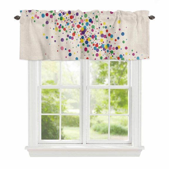 Colorful Point Window Valance for Kitchen, Cute Watercolor Red Green Yellow Blue Polka Dots Linen Rod Pocket Short Curtain for Small Windows, Light Filtering Decorative Valance, 42 x 12 Inch, 1 Panel