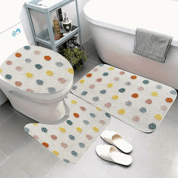 Colorful Polka Dot 3-Piece Bath Rug Set, Non-Slip Polyester Bathroom Mats, Soft Absorbent Kids Bath Rugs for Toilet, Tub, Shower & Bedroom