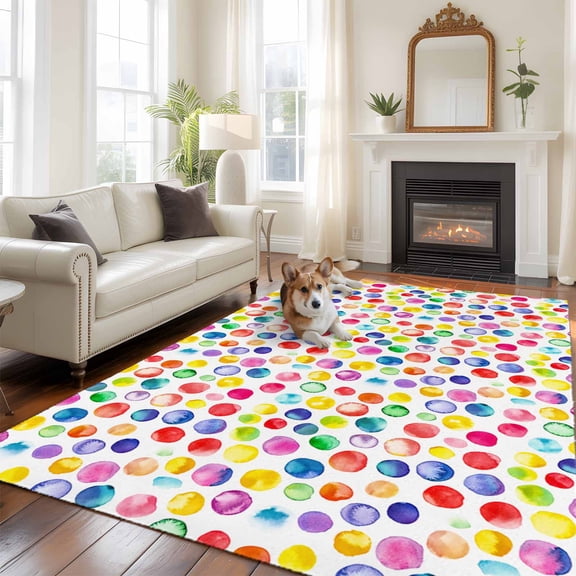 Colorful Polka Dot Area Rug 5x8 FT, Non Slip Bedroom Throw Carpet, Watercolor Rainbow Polka Dots Washable Soft Floor Carpet Non-Shedding Rug for Living Room Nursery Dorm Office