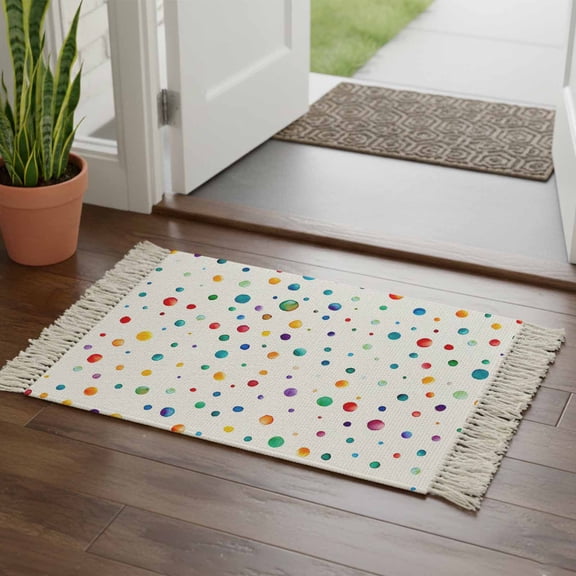 Colorful Polka Dot Bathroom Rug 2'x3', Rainbow Point Vibrant Low Profile Front Entryway Rug with Tassels, Woven Cotton Washable Kitchen Mat Carpet for Foyer Bedroom Back Door Decor