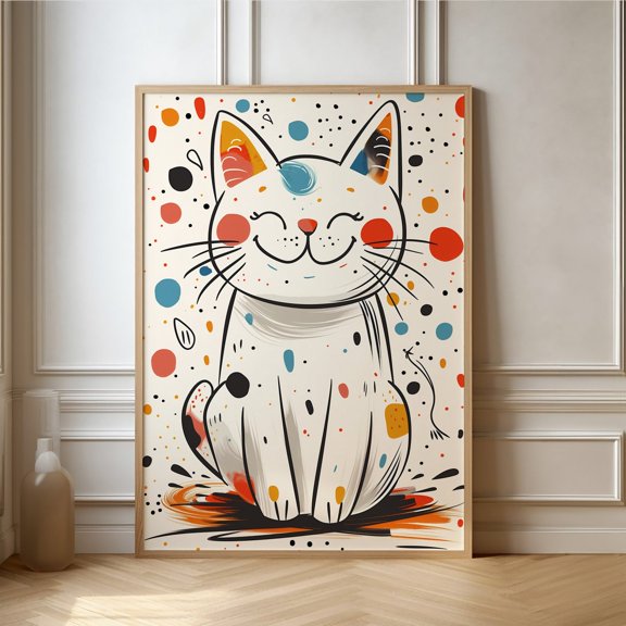 Colorful Polka Dot Cat Art Print Hand Drawn Vector