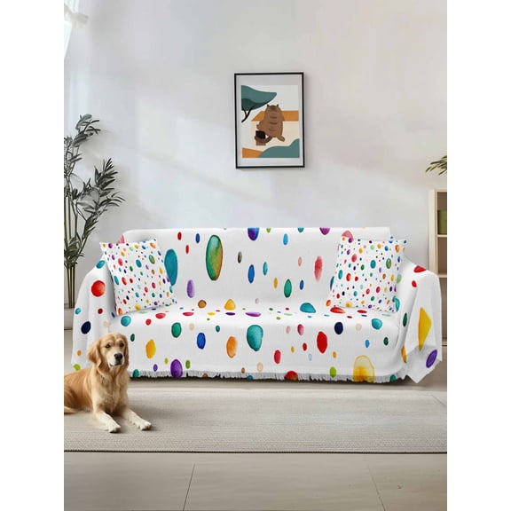 Colorful Polka Dot Couch Cover, Rainbow Color Polka Dots Abstract Sofa Cover Blanket for Loveseat Couches, Sectional Sofa Slipcover Furniture Protector for Living Room Bedroom 71''x118''