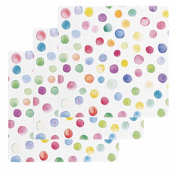 Colorful Polka Dot Dish Towels Set, Waffle Weave Kitchen Towels 3 Pieces, Rainbow Polka Dot Watercolor Microfiber Hair Face Bath Tea Towel Absorbent Quick Drying Cleaning Dish Cloths 12"x12"