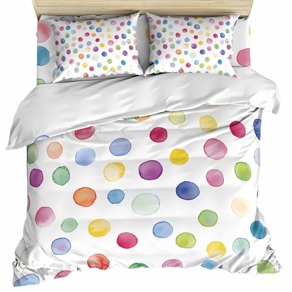 Colorful Polka Dot Duvet Cover Set, Rainbow Polka Dot Watercolor Soft Duvet Cover Full Size Bedding Set 4 Pieces, 1 Quiltcover and 2 Pillowcases with Zipper, 1 Bed Sheet for All Seasons
