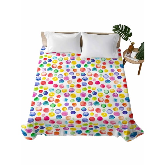 Colorful Polka Dot Flat Sheet Only Twin Size, Soft Breathable Bed Top Sheets for Mattress, Watercolor Rainbow Polka Dots Luxury Bedding Flat Sheets for Home Hotel Bedroom Bed Protection